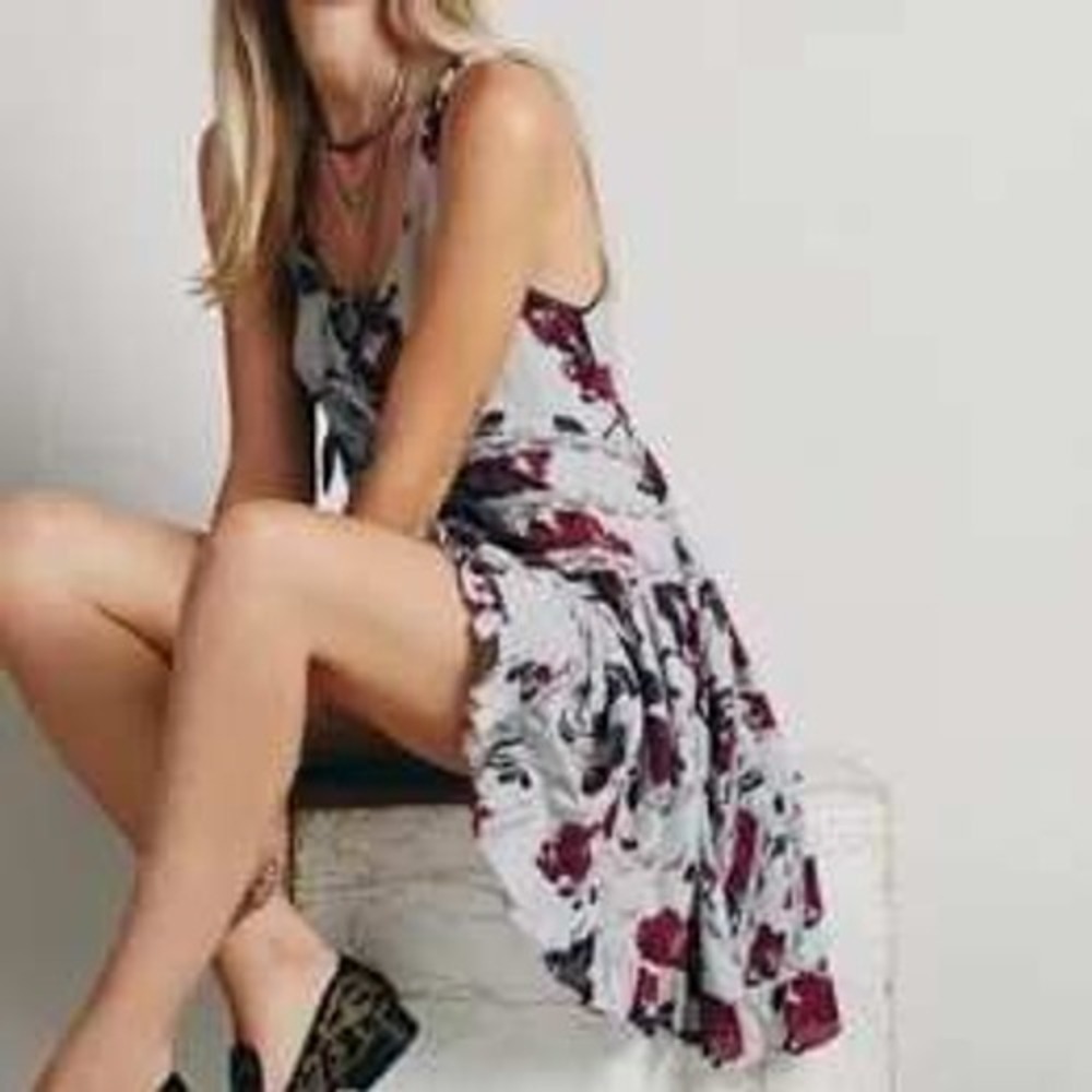 Free‎ People Slip Dress Womens Small Grey Burgundy Voile Lace Trapeze Boho Mini